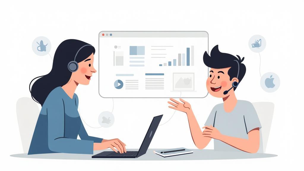 Illustration of a person receiving support via technology.